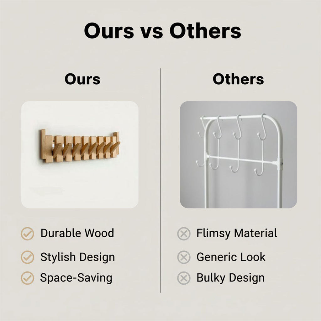 Wooden Coat Rack - Piano-Inspired Design - Multiple Hooks