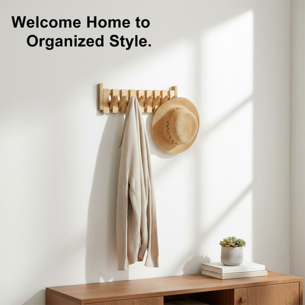 Wooden Coat Rack - Piano-Inspired Design - Multiple Hooks