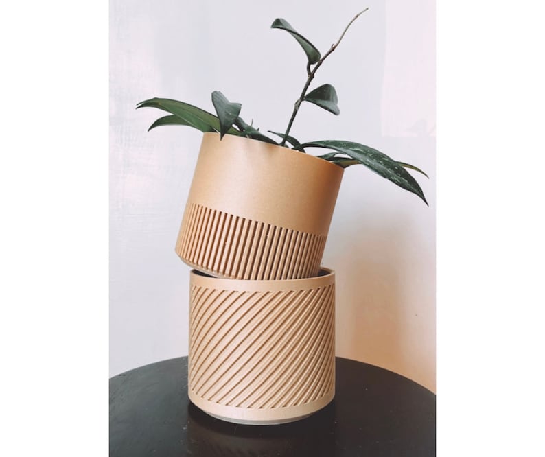 Wood Geometric Plant Pot – 3D Printed Minimalist Planter