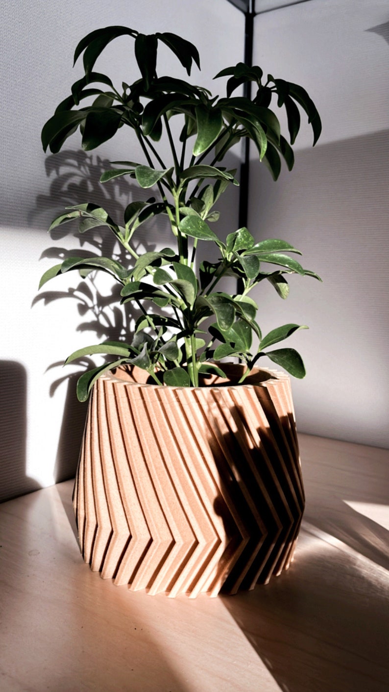 Wood Geometric Plant Pot – 3D Printed Minimalist Planter