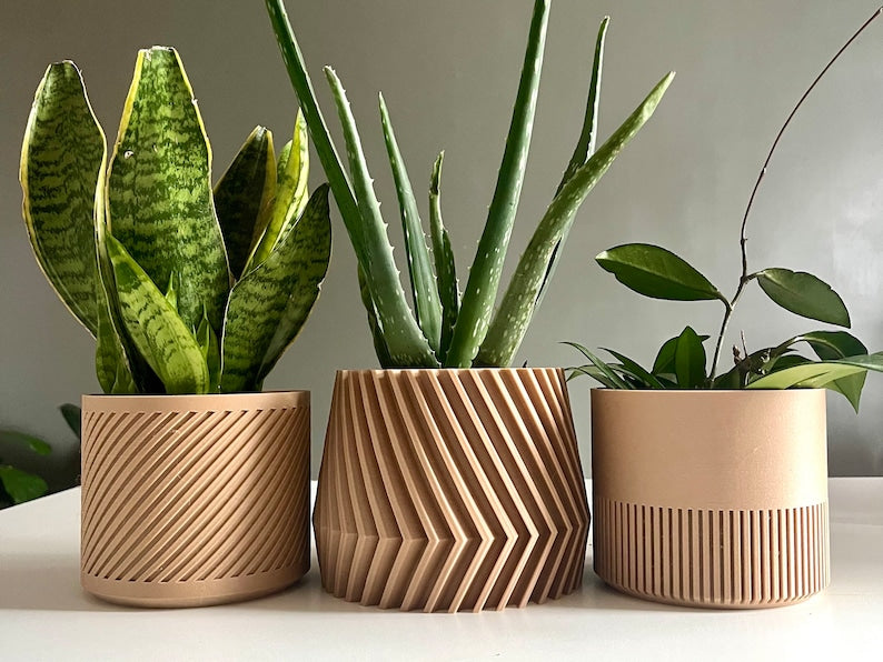Wood Geometric Plant Pot – 3D Printed Minimalist Planter