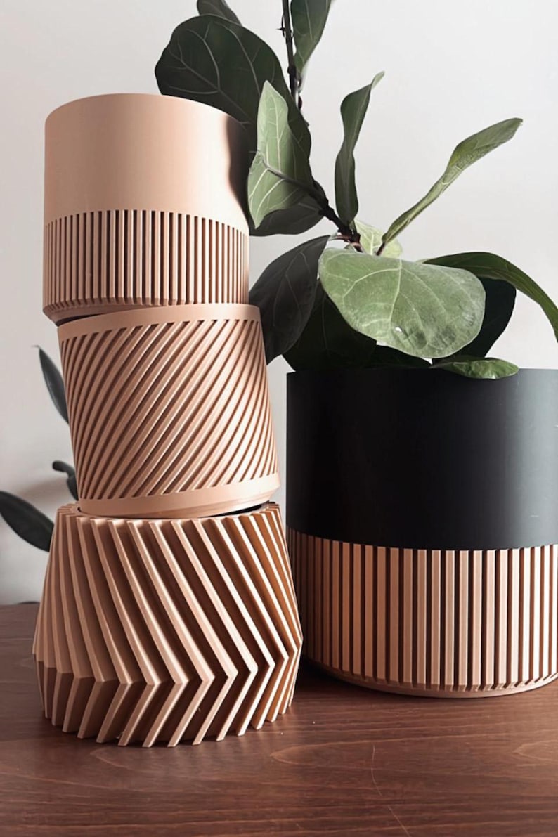 Wood Geometric Plant Pot – 3D Printed Minimalist Planter