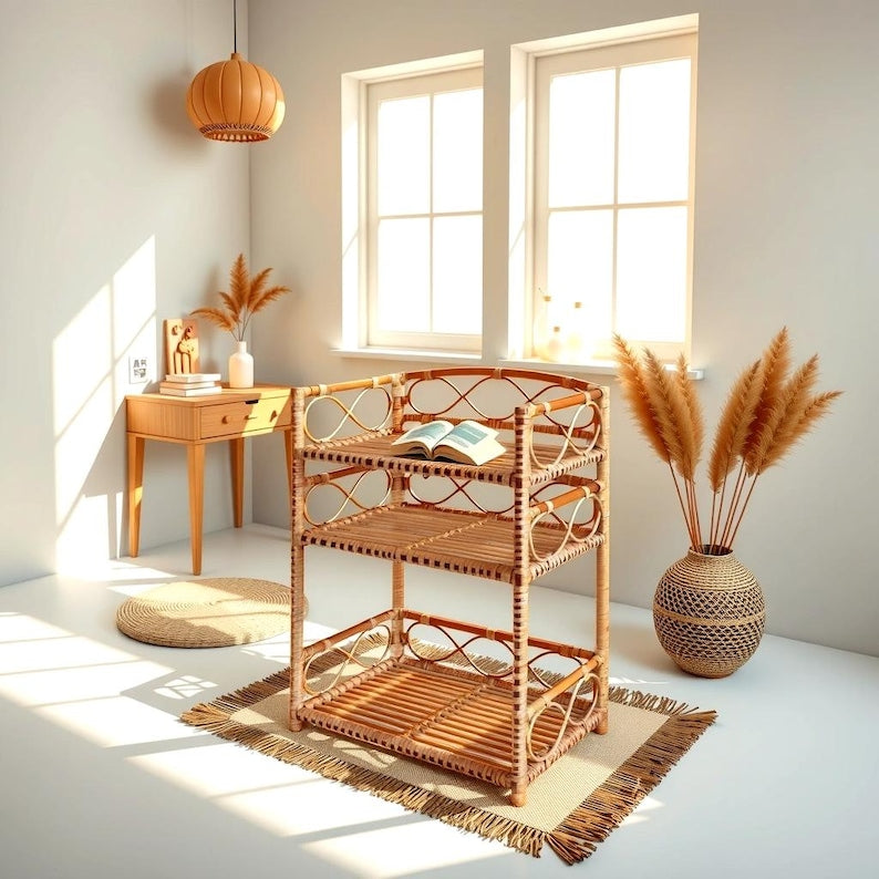 Natural Rattan Side Table – Wicker End Table for Home Decor