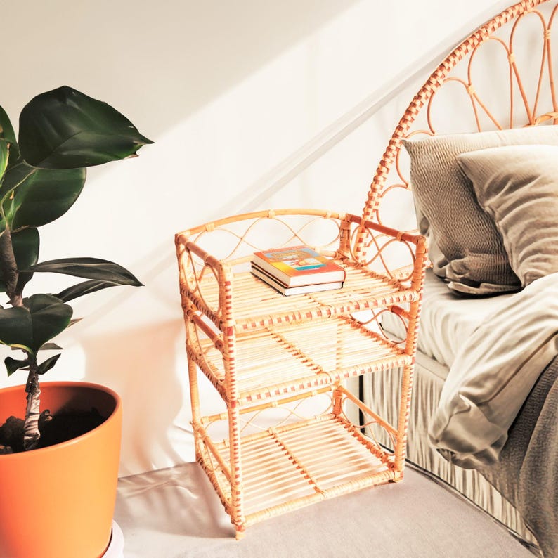 Natural Rattan Side Table – Wicker End Table for Home Decor