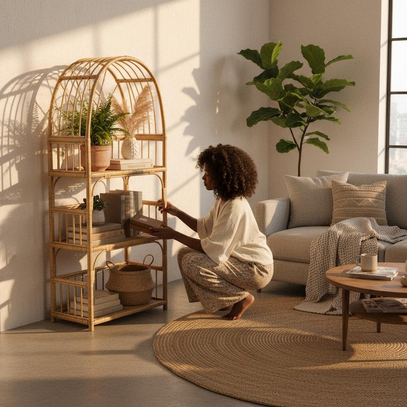 Arched Wicker Shelf – Rattan Storage Shelf for Plants and Decor