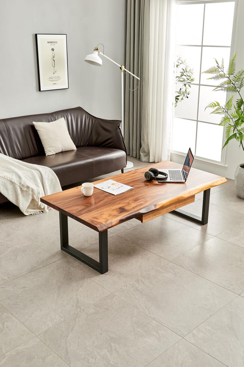Live Edge South American Walnut Coffee Table with Industrial Design