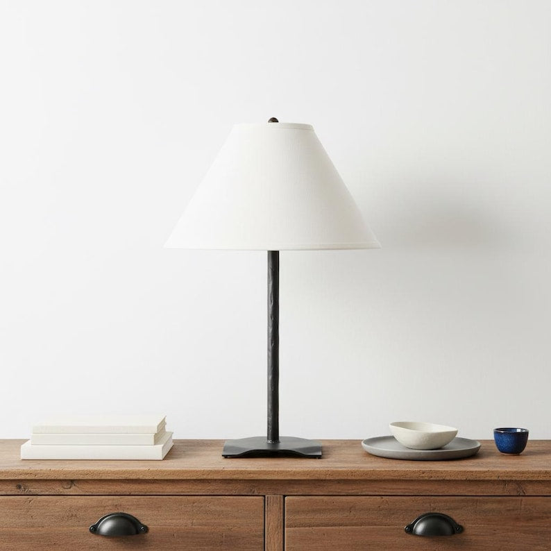 Iron Table Lamp with 15" Linen Shade – Minimalist Black Metal Lamp
