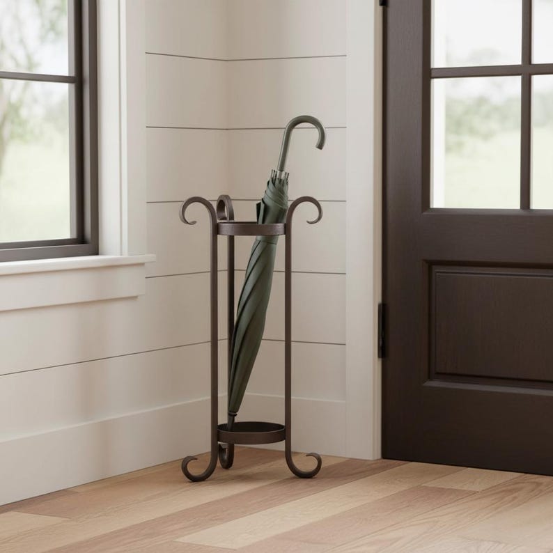 Iron Umbrella Stand with Decorative Scroll Design – Coal Black Finish