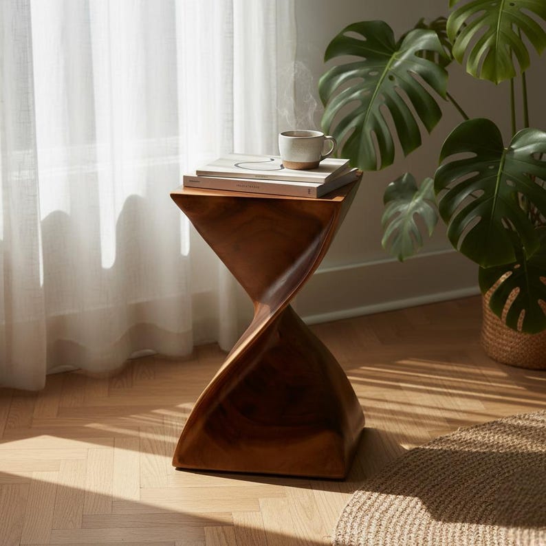 Modern Sculptural Wooden Side Table with Artistic Design