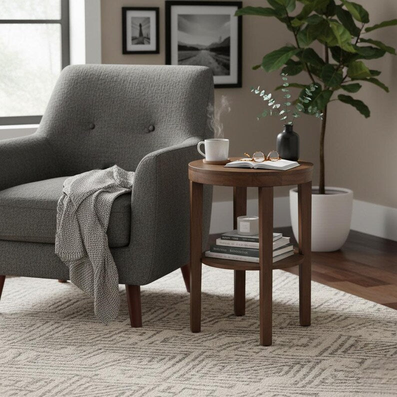 Solid Wood End Table with Shelf – Minimalist Natural Wood Side Table