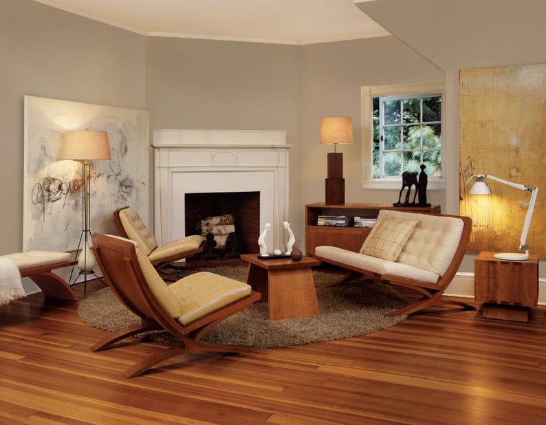 Romantic Minimalist Loveseat – Curved Leather Cushions with Wooden Cantilever Frame