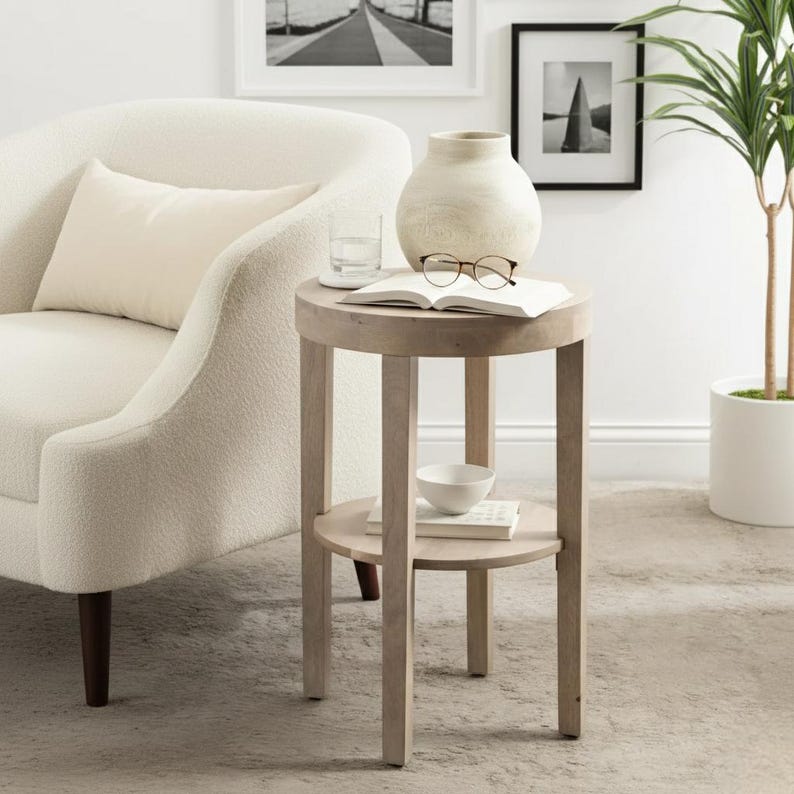 Solid Wood End Table with Shelf – Minimalist Natural Wood Side Table
