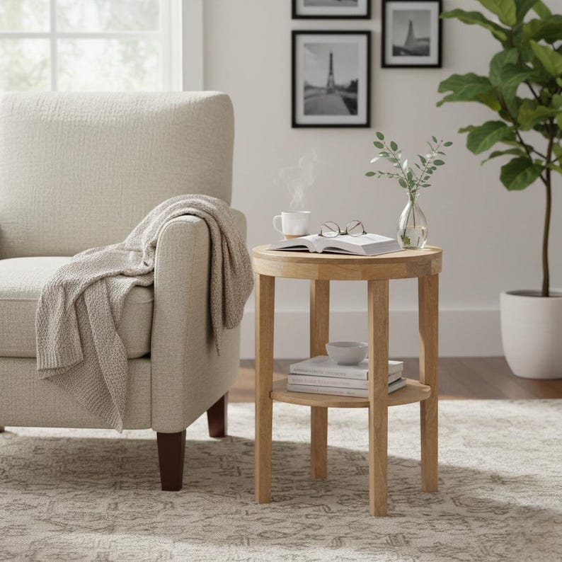 Solid Wood End Table with Shelf – Minimalist Natural Wood Side Table
