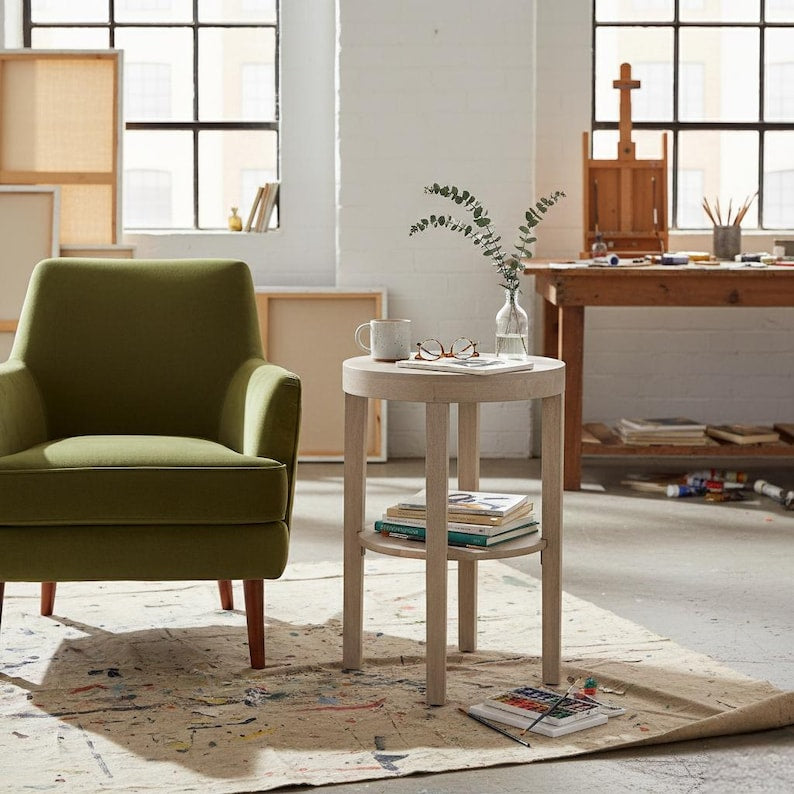 Solid Wood End Table with Shelf – Minimalist Natural Wood Side Table