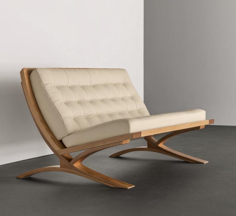 Romantic Minimalist Loveseat – Curved Leather Cushions with Wooden Cantilever Frame