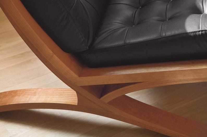 Romantic Minimalist Loveseat – Curved Leather Cushions with Wooden Cantilever Frame