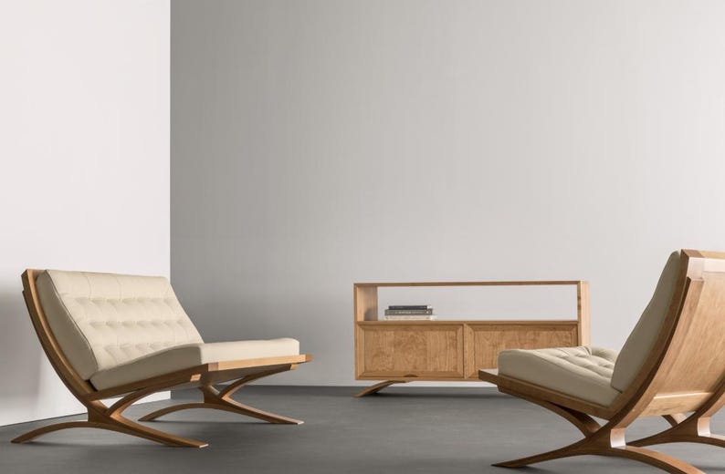 Romantic Minimalist Loveseat – Curved Leather Cushions with Wooden Cantilever Frame