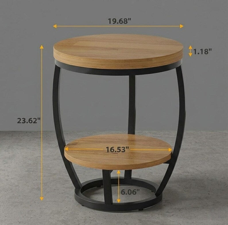 2-Tier Industrial Side Table with Metal Frame and Storage