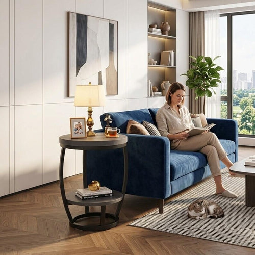 2-Tier Industrial Side Table with Metal Frame and Storage