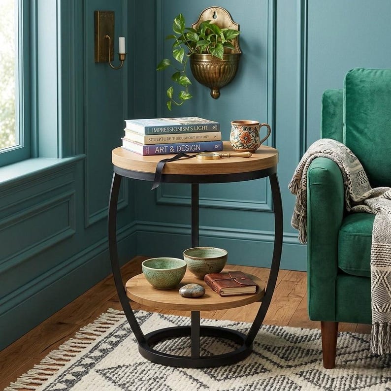 2-Tier Industrial Side Table with Metal Frame and Storage