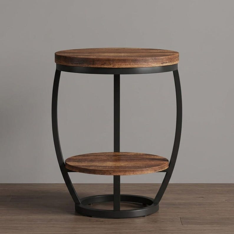2-Tier Industrial Side Table with Metal Frame and Storage