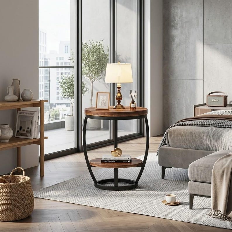 2-Tier Industrial Side Table with Metal Frame and Storage