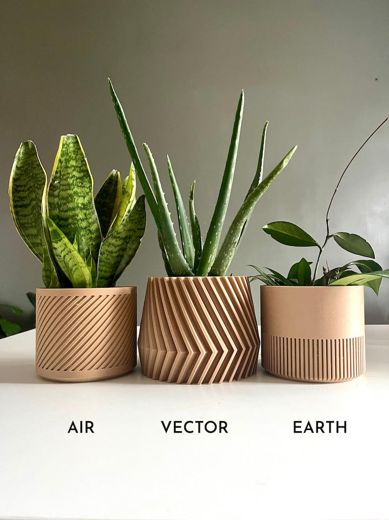 Wood Geometric Plant Pot – 3D Printed Minimalist Planter